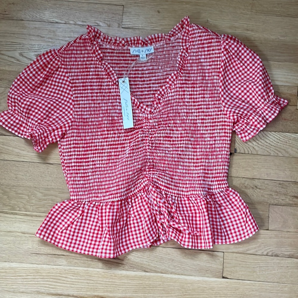She + Sky red gingham smocked top